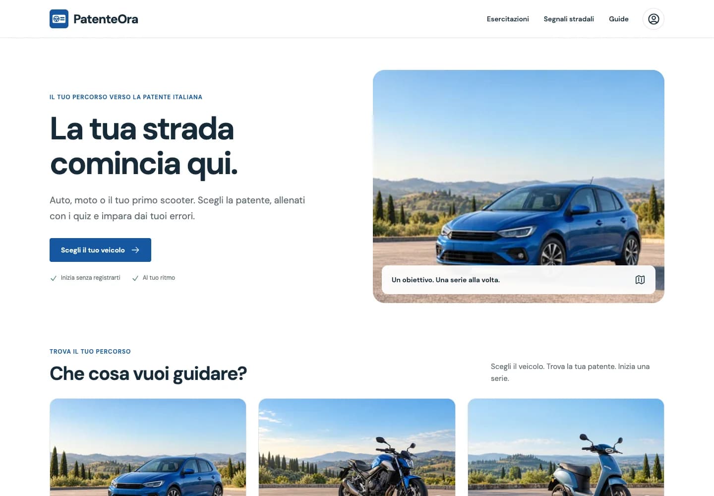 The live PatenteOra Italian driving theory website displayed in a dimensional browser frame