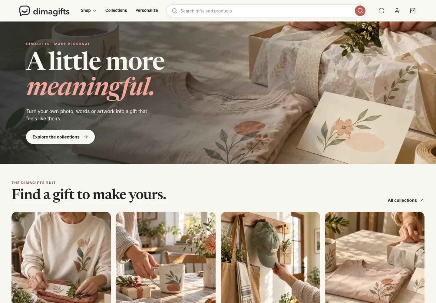 The live Dimagifts personalized gift shop displayed in a dimensional browser frame